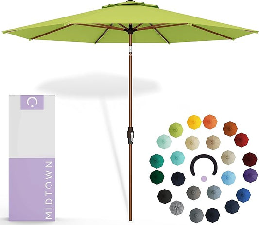 Midtown Umbrellas Sunbrella Umbrella Large Patio Umbrella 2-10 Feet in Macaw Fabric, Auto-Tilt Aluminum Frame Backyard Umbrella, Deck Umbrella, Garden Umbrella & Porch Umbrella - Wooden Pole