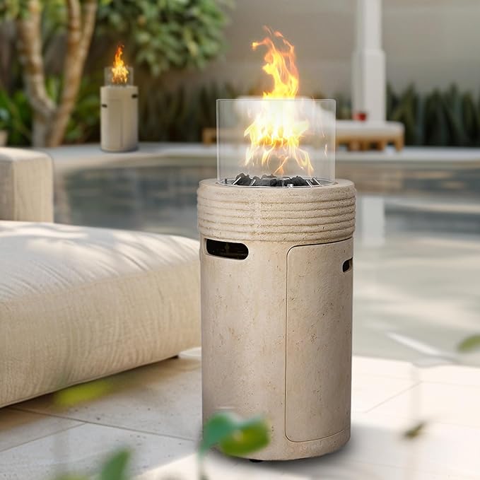 Outdoor Propane Fire Pit, 16" Propane Fire Column Patio Mgo Gas Fire Pit 50,000 BTU for Outside with Lava Rocks