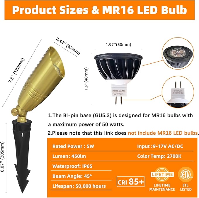 Brass Outdoor Spotlights,12V Low Voltage Landscape Lighting Without Bulb,Waterproof Landscape Spot Lights for Yard,Garden,Lawn,Tree (1-Pack Without Bulb)