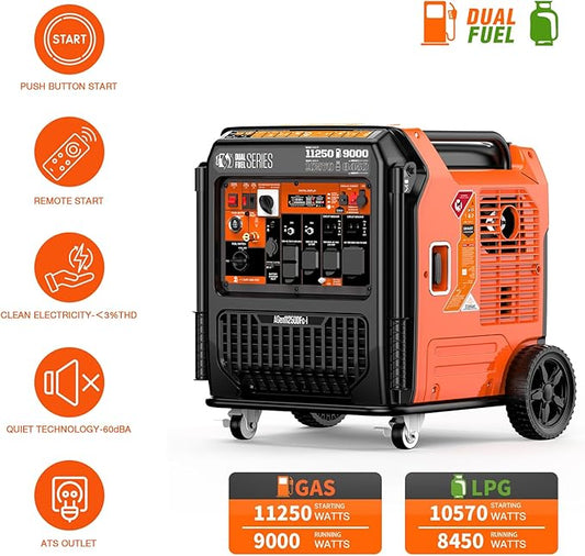 AIVOLT 11250 Wattages Dual Fuel Portable Inverter Generator Super Quiet Gas Propane Powered Remote/Electric Start Outdoor Generator ATS Ready for Home Backup, RV, Jobsite, 50 State & CARB Compliant