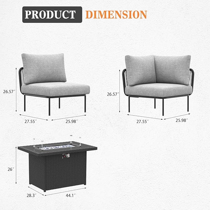 9 Piece Modern Outdoor Rope Wicker Sectional Patio L-Shaped Conversation Sofa Set Deep Seating with Fire Pit Table