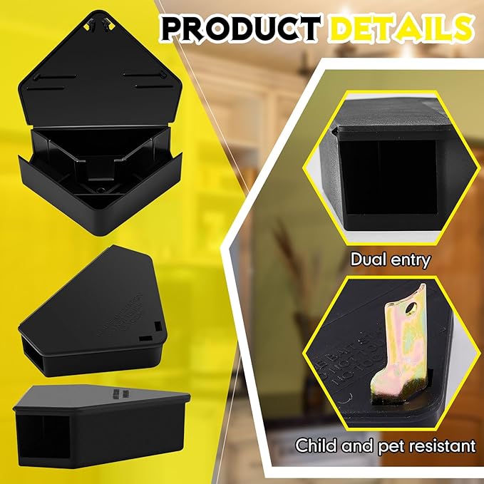 Qualirey 48 Pcs Mice Station with Key Triangle Bait Station Reusable Rodent Trap Bait Box, Keeps Children and Pets Safe Indoor & Outdoor, Bait Not Included, Suitable for Small Mice (Black)