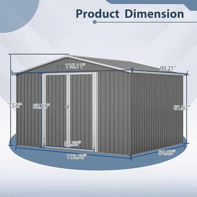 8x10 FT Outdoor Storage Shed, Metal Garden Shed with Lockable Hinged Doors, Outside Tool Shed with Sloped Roof & 4 Air Vents, Waterproof Storage Building for Backyard, Patio, Lawn, Gray