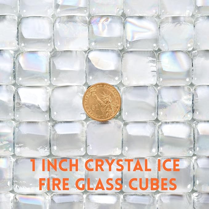 GasSaf Crystal Ice Fire Glass Cubes for Outdoor Fire Pit, Fireplace, Replaces Existing Gas Logs & Lava Rocks, 1 Inch Glass(20 Pound)(Crystal Ice Luster)