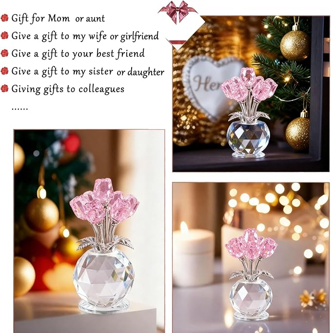 Crystal Rose Flower Collectible Figurine,Valentines Gifts for Girlfriend or Wife Bouquet Figurines Artificial Flowers Quartz Glitter Roses for Glass Flowers(Pink)