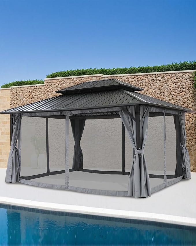SEEHILL 10' x 12' Hardtop Gazebo, Aluminum Frame Outdoor Patio Gazebo with Netting and Curtains, Outdoor Hardtop Gazebos, Patio Pergolas with Double Metal Roofs for Backyard, Patio, Deck, Slate Gray