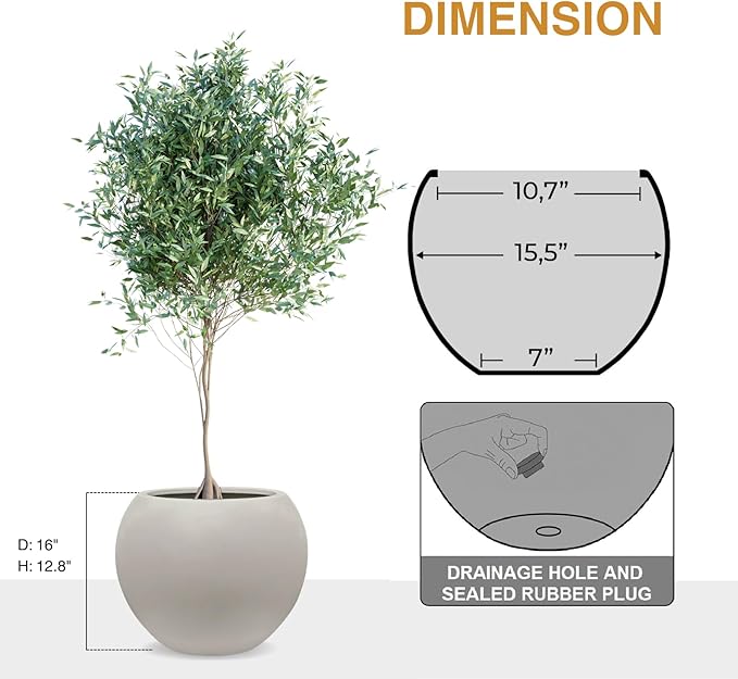 12.8" H x 16" D Globo Fiberstone Round Planter - Christmas Tree Planter, Smooth Finishes, Weather Resistant for Indoor & Outdoor Use, Included 2 Extra Coco Mats (Taupe, 10.7" Pot Opening)