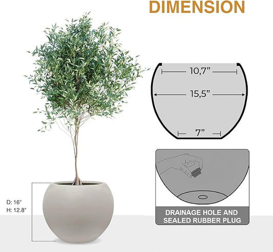 12.8" H x 16" D Globo Fiberstone Round Planter - Christmas Tree Planter, Smooth Finishes, Weather Resistant for Indoor & Outdoor Use, Included 2 Extra Coco Mats (Taupe, 10.7" Pot Opening)