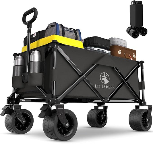 Wagons carts Foldable with Silent All-Terrain Wheels, Collapsible Heavy Duty Beach Wagon with Cup Holders and Brakes, Large Foldable Wagon for Camping,Garden,Shopping,Sports Black