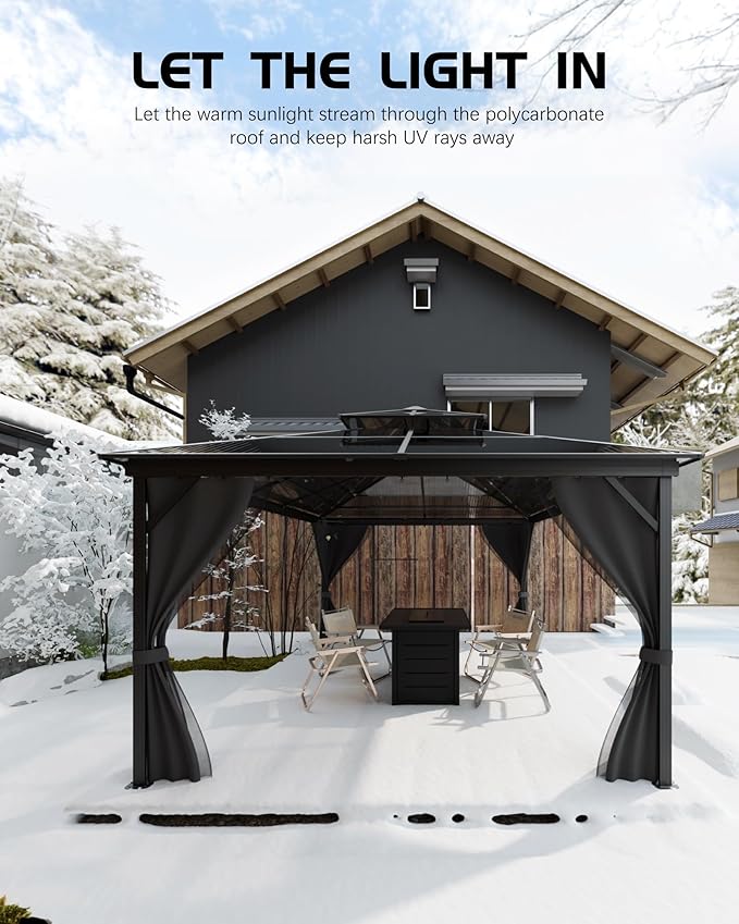 GarveeLife Hardtop Gazebo 10 ft x13 ft for All Weather, Double Polycarbonate Sheets Roof, Aluminum Alloy Frame, Net, and Curtain, Permanent Building for Patio, Deck, Backyard, Lawn, and Garden