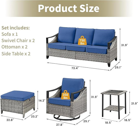 7 Pieces Patio Furniture Sets - High Back Outdoor Sectional Couch with Wicker Swivel Rocker Chairs, Rattan Ottomans with Side Table, Patio Conversation Set for Deck Garden Porch Balcony Gray/Blue