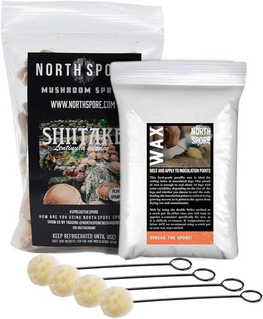 North Spore Log Inoculation Bundle with 100 ct Shiitake Plugs, (4-Pack) Daubers, and 1lb Wax