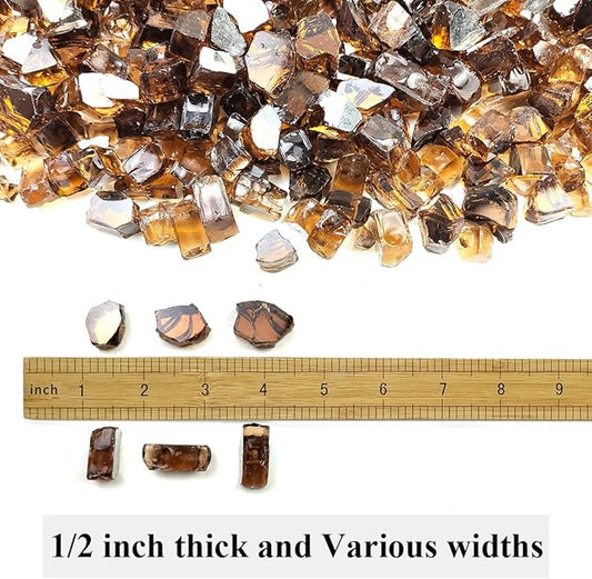Fire Glass for Propane Fire Pit, 1/2 Inch High Reflective Fireplace Glass Rocks for Fire Pit Table, 10 lbs Fire Pit Glass Rocks for Outdoor Fire Table and Landscaping, Copper Reflective