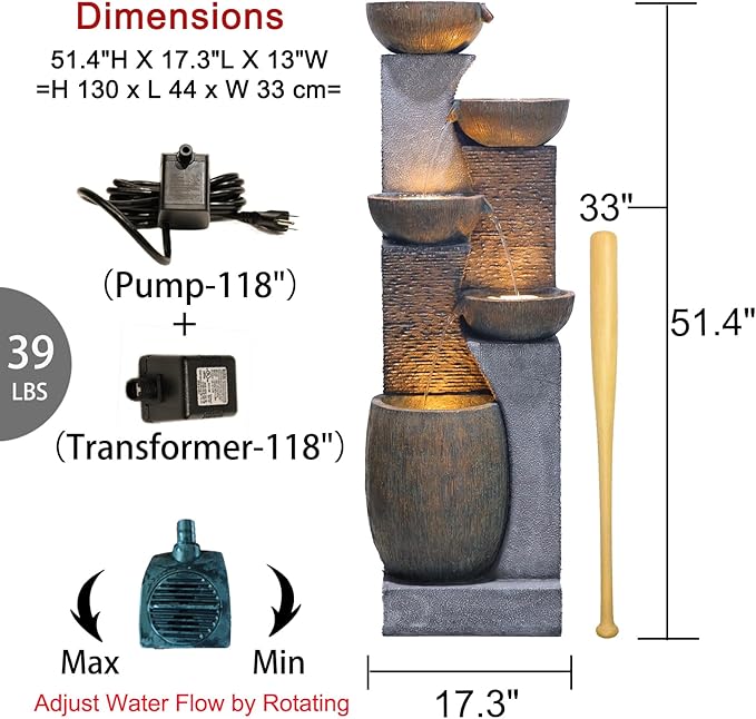 Bumilgar Outdoor Water Fountain - 51.4 Inches 5 Tired Modern Indoor Floor Standing Outdoors Fountains with Lights Pump for Garden Patio Backyard Porch Home Art Decor