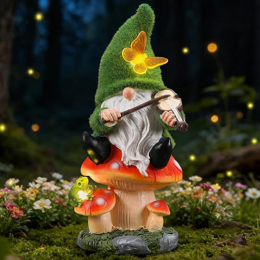 Ayadon Solar Gnome on Mushroom Stool Statue Decor, Gnome Figurines with Ambiance LED Light for Garden Decorations for Patio Lawn Balcony Fairy Gardens, Housewarming Gifts for Women Mom Grandma