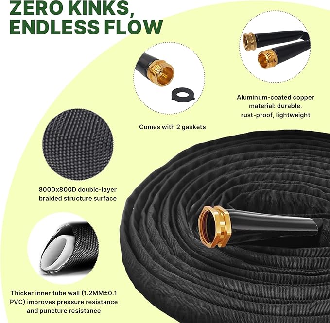 Lightweight Flat Garden Hose 50ft, 800D Woven Water Hose with 3/4” Aluminum-Copper Fittings with 2 Rubber Washers, 580 PSI Burst Pressure, Flexible Kink-Free Hose for Outdoor, Lawn & Yard