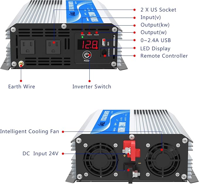 1600Watt Power Inverter Modified Wave DC 12volt to AC 120volt with Remote Control & LED Display and 2.4A USB Port for Trucks Boats RV & Emergency