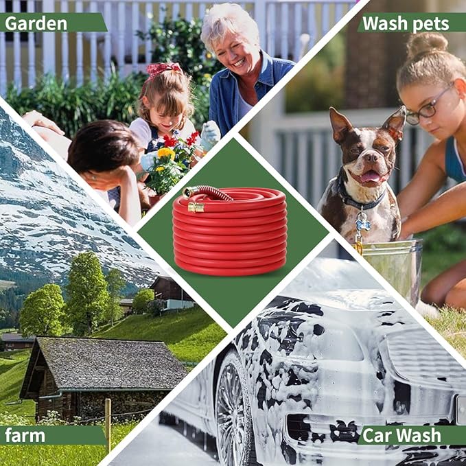 90FT 5/8 Heavy Duty Rubber Garden Hose - 200psi Working, 1000psi Burst - Hot/Cold Water - Five-Layered Braiding for Durability - Versatile for Gardening, Agriculture, Construction(Red)