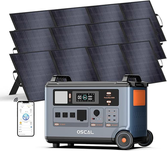 OSCAL PowerMax 6000 Solar Generator with 3x200W Solar Panel, 120V/240V 3600Wh Power Station 6000W AC Outlets (9000W Peak), 2200W AC Charging/2400W Solar Charging, Emergency for Home, Battery Backup