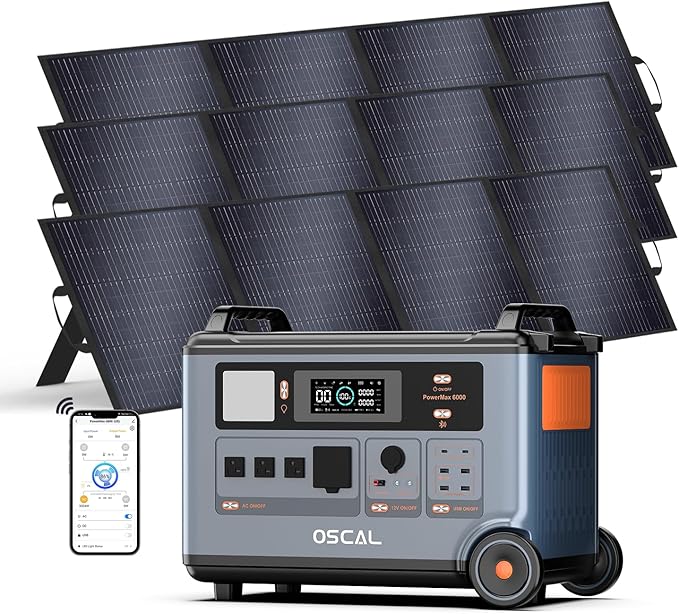 OSCAL PowerMax 6000 Solar Generator with 3x200W Solar Panel, 120V/240V Split Phase Voltage 6000W AC Outlets (9000W Peak), 2200W AC Charging/2400W PV Charging for Home, Emergency, Bank Battery Backup