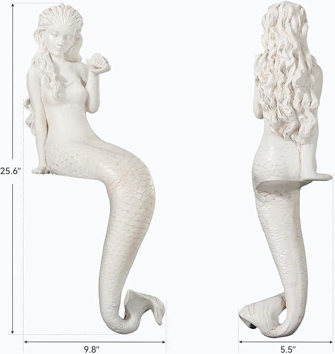 Ultym Mermaid Statue Outdoor, Large 25.6 Inch Garden Sculpture Figurines for Lawn and Patio Decor, Durable MGO Stone Yard Art with Weatherproof Finish for Indoor Decor Christmas Gift Antique White