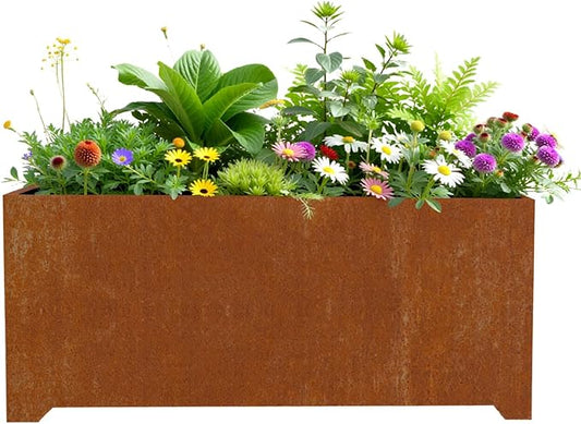 Co-rten Metal Garden Planter Box, Large Outdoor Rectangle Planters with 6 Drainage Holes & Raised Bottom, All-Weather Rust-Resistant Container for Patio, Deck, Commercial Use, 36"L x 15"W x 15"H