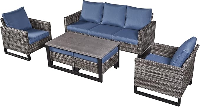 HUMMUH 6 Piece Patio Furniture All Weather Wicker Outdoor Sectional Sofa,High Back Patio Chairs,Coffee Table and Ottomans Set for Porch,Garden,Backyard