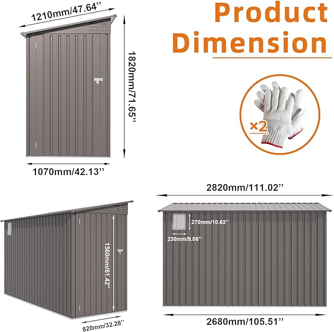 4x9 FT Outdoor Storage Shed,Lean to Metal Shed W/Window,All Weather Waterproof Garden Storage Shed W/ 6 Air Vents & 1 Lockable Door,Weatherproof Tool House W/Sloped Roof,for Lawn,Gray