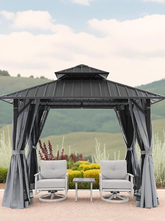SEEHILL 12' x 12' Hardtop Gazebo, Aluminum Frame Patio Hardtop Gazebos with Netting and Curtain, Outdoor Patio Pergola, Outdoor Patio Gazebo with Double Metal Roofs for Lawns, Garden, Deck, Slate Gray