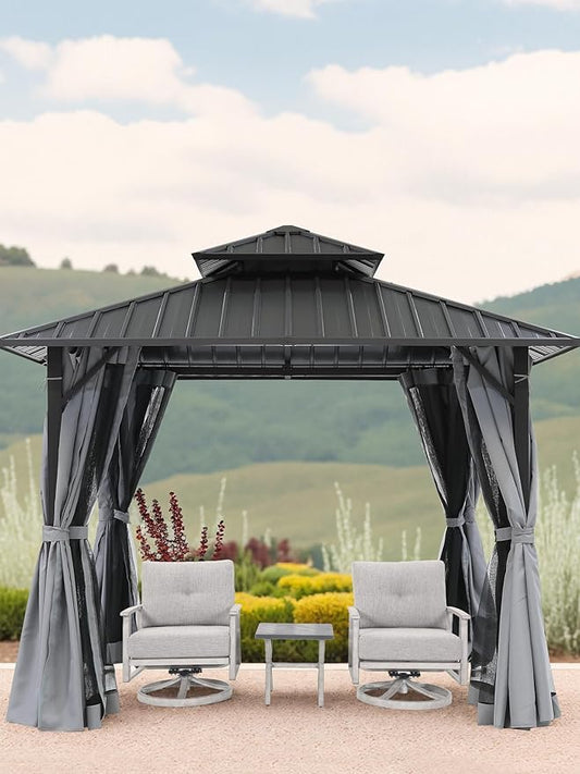 SEEHILL 12' x 12' Hardtop Gazebo, Aluminum Frame Patio Hardtop Gazebos with Netting and Curtain, Outdoor Patio Pergola, Outdoor Patio Gazebo with Double Metal Roofs for Lawns, Garden, Deck, Slate Gray