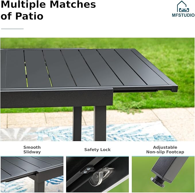 MFSTUDIO Outdoor Dining Sets for 6, Expandable Patio Table and Chairs Set, Patio Metal Rectangular Table & Swivel and Leg Chairs, Heavy Duty All Weather Dining Furniture for Deck, Backyard