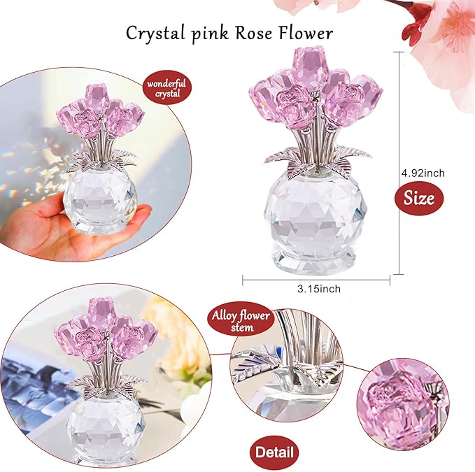 Crystal Rose Flower Collectible Figurine,Valentines Gifts for Girlfriend or Wife Bouquet Figurines Artificial Flowers Quartz Glitter Roses for Glass Flowers(Pink)