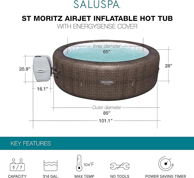 Bestway SaluSpa St Moritz AirJet 5 to 7 Person Inflatable Hot Tub Round Portable Outdoor Spa with 180 AirJets and EnergySense Energy Saving Cover