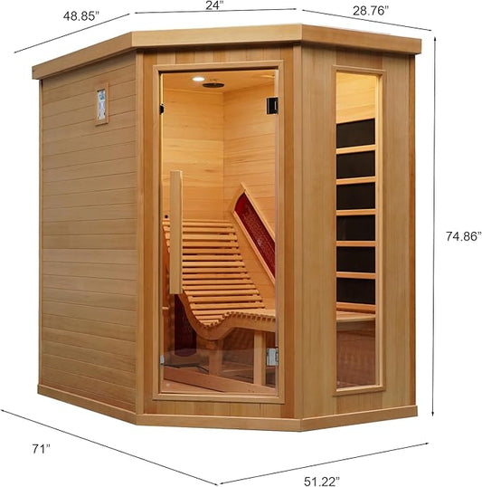Smartmak Far Infrared Wood Sauna, 1 or 2 Person Full Spectrum Red Light Therapy Luxury Recliner Home Corner Sauna, Indoor Canadian Hemlock Dry Spa, 2300W with 8 Heaters, Speakers, Lights, Oxygen Bar