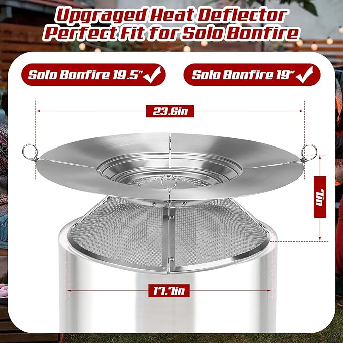 Heat Deflector for Solo Stove Bonfire 19.5",Fire Pit Heat Deflector with Mesh Spark Screen&2 Pokers,304 Stainless Steel 2 in 1 Heat Diffuser for Solo Stove Bonfire Accessories Camping Capture Warmth