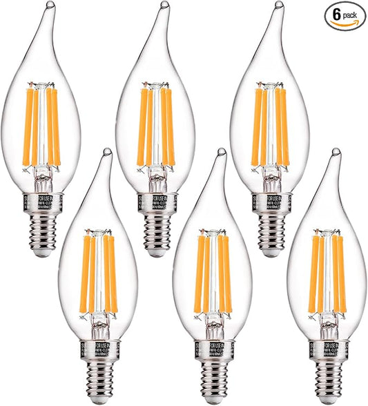 FLSNT Candelabra LED Light Bulbs, CA11 LED E12 Chandelier Light Bulbs 100W Equivalent, 2700K Soft White, 800LM, 5.5W, CRI 82+, AC 120V, 6 Pack, Dimmable UL,CA65 Listed.