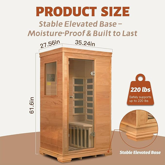 Far Infrared Sauna Room for 1 Person, Low EMF 960W/120V with Elevated Base, 6 Heating Panels, Built-in Speakers, Tea Tray, Control Panel, 35 * 27 * 61 Inch