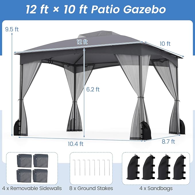 Tangkula 10x12 FT Outdoor Gazebo with Netting, Double Roof Patio Shelter with 4 Sandbags, Zippered Doors, Heavy-Duty Metal Frame, Metal Patio Gazebo for Yard Garden Lawn (Grey)