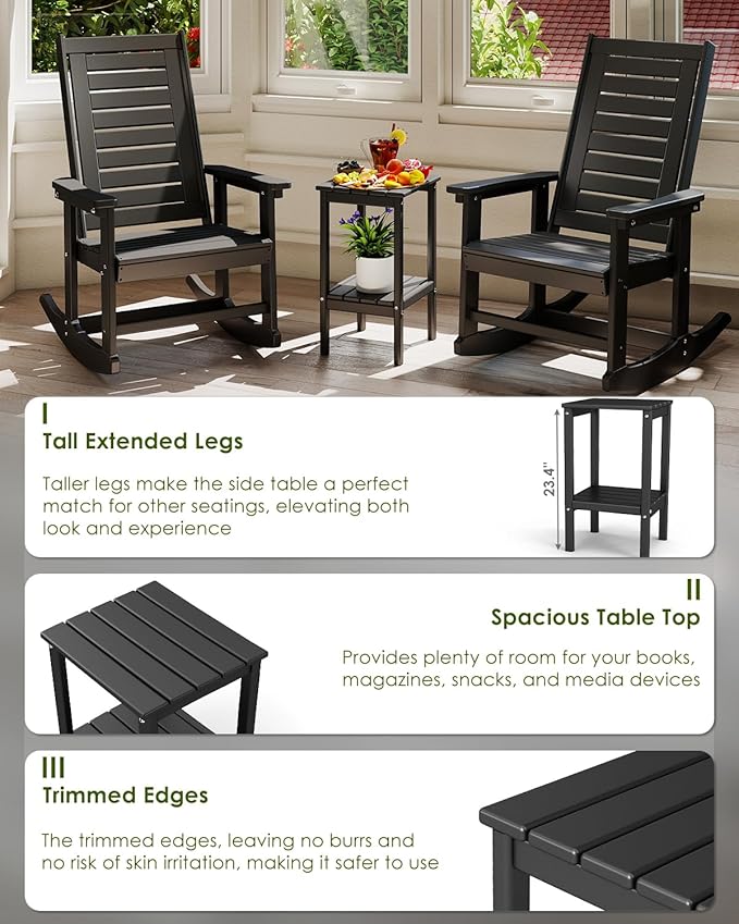 GREENVINES Tall-Outdoor-Side-Table Set of 2 | 23.5" | HDPE Plastic | Patio Adirondack End Tables | All Weather | 2-Tier | Black | for Porch Garden Indoor & Rocking Chairs