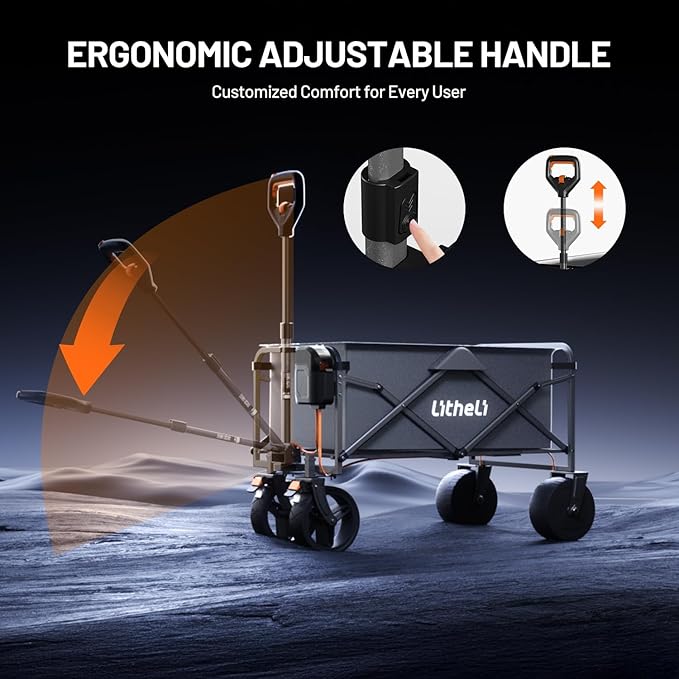 Litheli Electric Collapsible Wagon Cart with Brakes, 100L Grocery Cart with Wheels,Easy to Carry Folding Wagon and Dual Port Charger for Camping, Gardening, Shopping