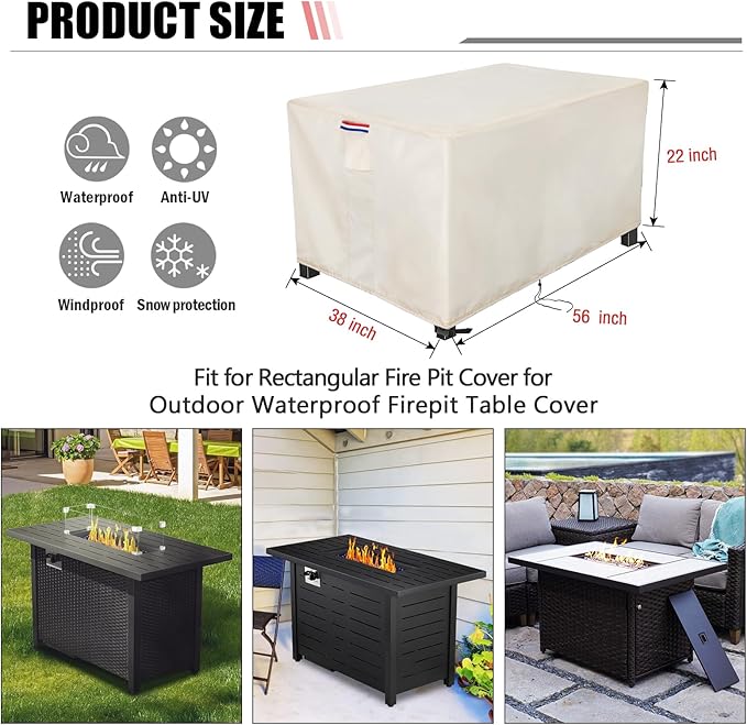 Fire Pit Cover Rectangular 56 Inch - Waterproof Outdoor Fire Table Cover Rectangle Heavy Duty, 600D Patio Propane Gas Firepit Cover Rectangular Tear Weather Resistant - 56 x 38 x 22 Inch Beige