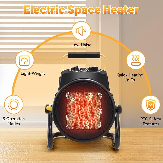 Outdoor Heaters for Patio, 1500W Electric Garage Heater with Overheat Protection, 3S Fast Heating, 3 Modes, Portable Space Heater for Patio, Garage, Greenhouse, Indoor, Yellow