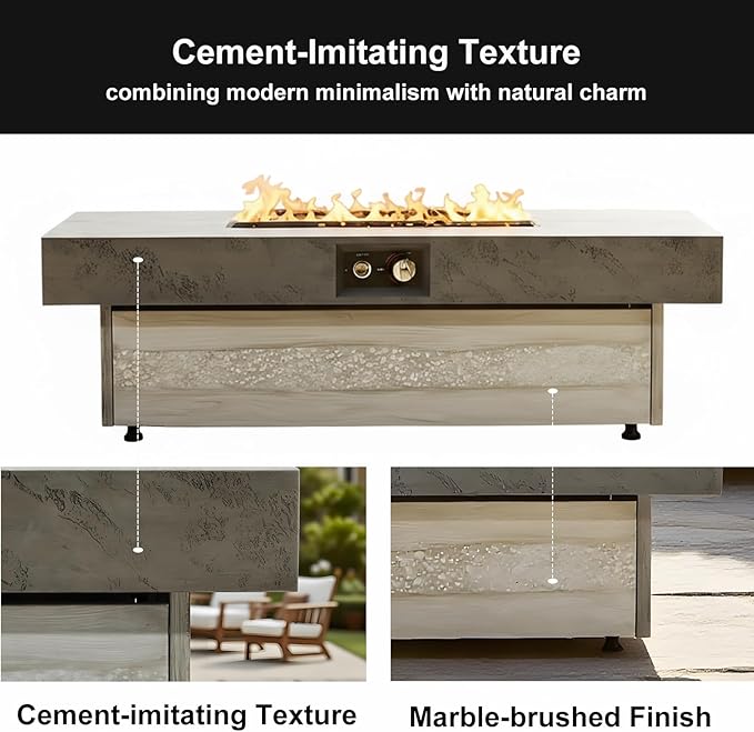 Propane Fire Pit Table, 48 Inch Firepits for Outside, Rectangle Gas Fire Pits for Outside Patio, Deck, Backyard, 50000BTU, Free Waterproof Cover, Tank Outside, Tank Not Included, Cement Grey