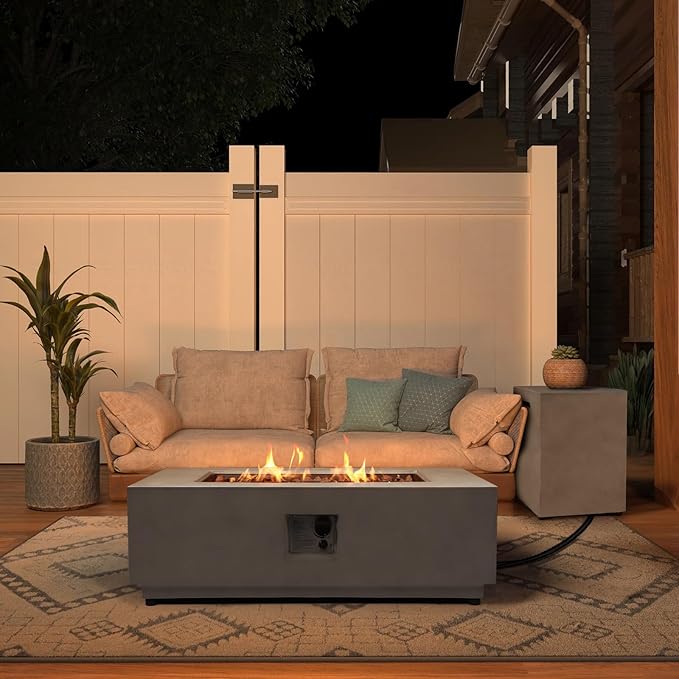 42inch Rectangular Fire Pit Table with Propane Tank Cover, Concrete Fire Table Outdoor CSA Certified 50,000 BTU Gas Firepits for Outside Patio Backyard Deck Garden, Grey