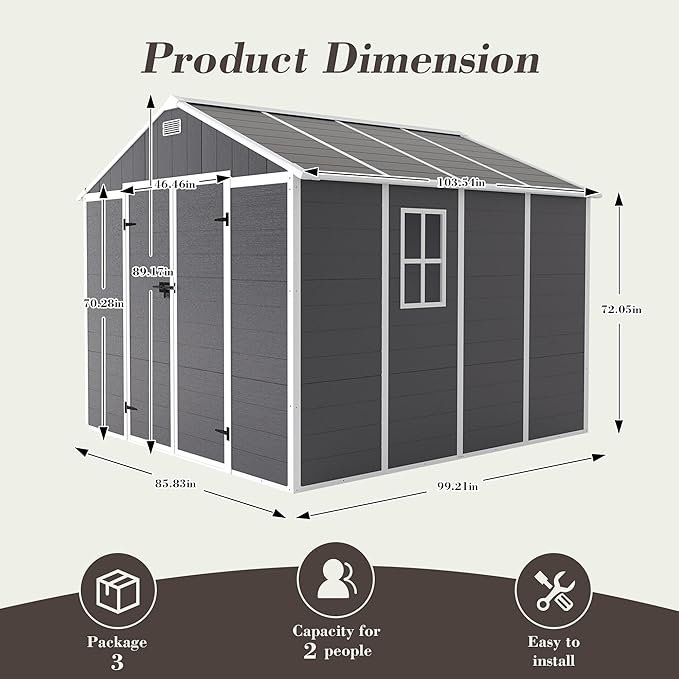 Resin Storage Shed 8x8ft, Outdoor Storage Sheds with Floor, Window, Lockable Doors and Vents, 12mm Thick pp Board, Large Storage Space Tool Shed for Bike, Garden, Backyard, Lawn (Dark Gray, 8 * 8ft)