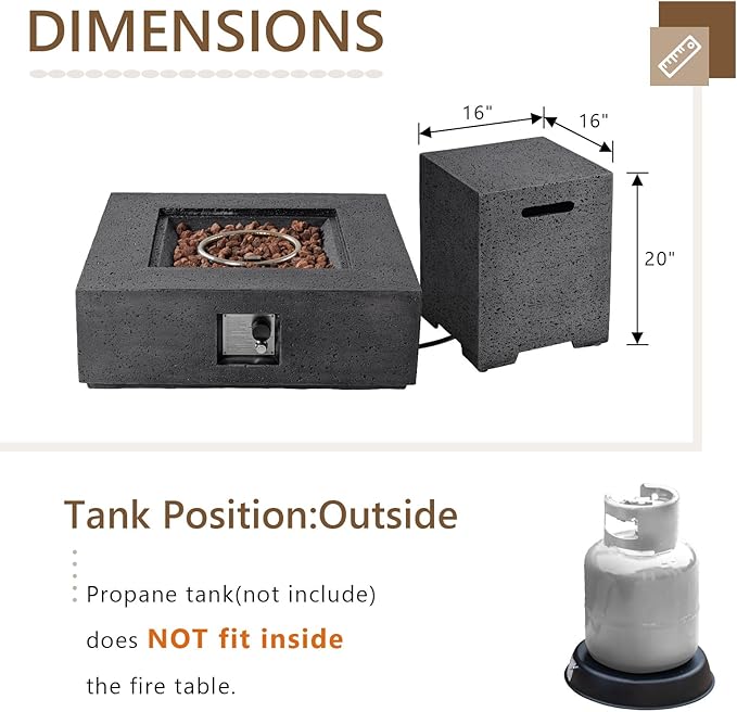 COSIEST Outdoor Propane Fire Pit Coffee Table w Square Faux Stone 35-inch Base, Certified, 50,000 BTU Stainless Steel Burner, Free Lava Rocks and Rain Cover,Tank Cover, Gray