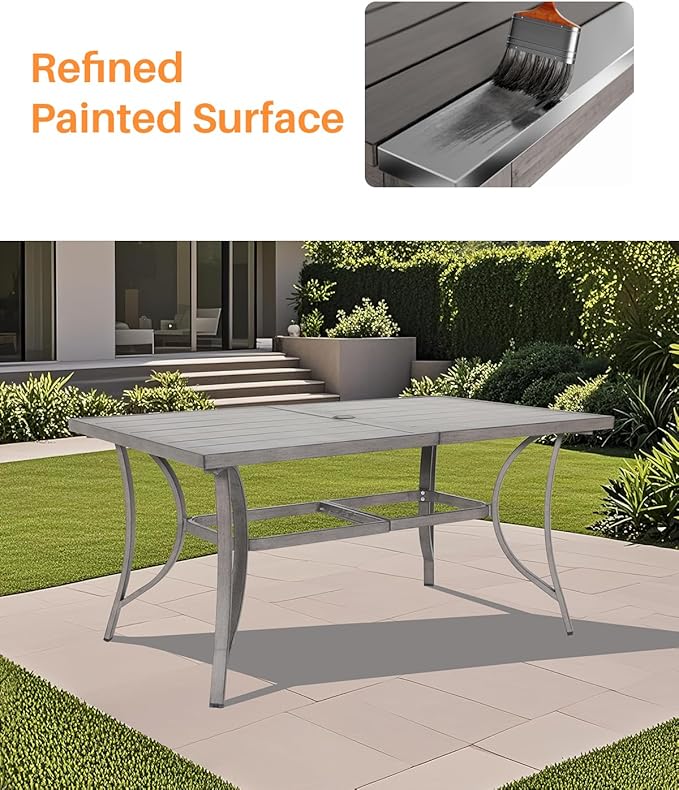 SEEHILL Aluminum Patio Dining Table for 6, Limed Oak Outdoor Rectangle Dining Table with Umbrella Hole, Rustproof 6 Person Outdoor Dining Tables for Backyard, Deck, Garden, Poolside, Porch