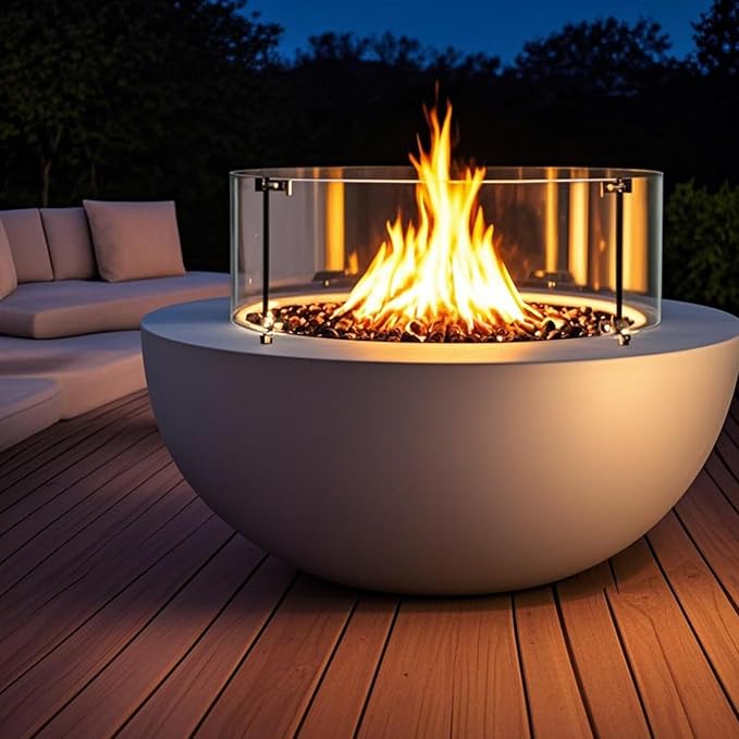 31.5inch Round Concrete Fire Pit Table with Glass Wind Guard Propane 50,000 BTU Outdoor Fire Bowl Table CSA Certification Gas Firepits with Steel Lid, Rain Cover for Backyard, Deck