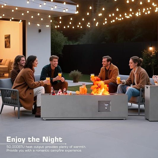 48 inch Propane Fire Pit Table with Ice Bucket, 2 in 1 Rectangular Outdoor Fire Pit with 20lb Tank Cover, Outside Patio Deck and Garden, Gas Fireplace Table with Lid and Stone
