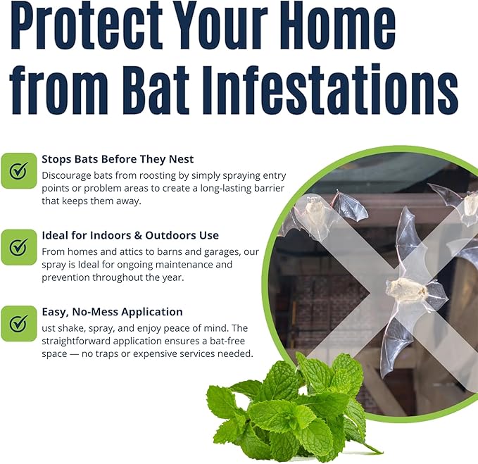 Bat Repellent Spray - Indoor/Outdoor Natural Deterrent, Discourage Invasion/Nesting Attic, Barnes, Homes, Garages (16 oz)